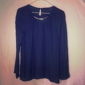 Zara Navy Blue Chiffon Top with Gold Neck Detail S